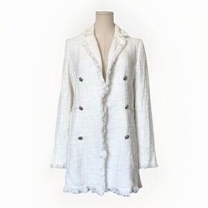 Carolina Belle Montreal White Tweed Knit Blazer Coat Sz S Fringe Double Breasted